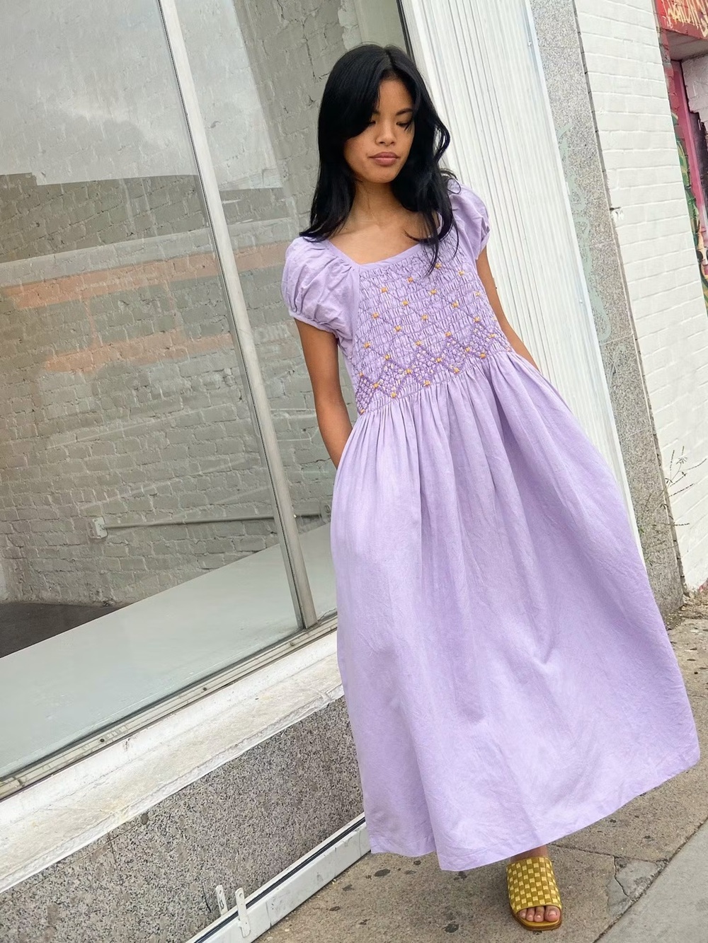 TACH Lilac Embroidered Smocked Puff-Sleeve Juani Dress